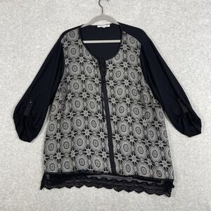 Rose & Olive Tie Front Tunic Top Black Womens 2X Geometric Mandala Print Boho